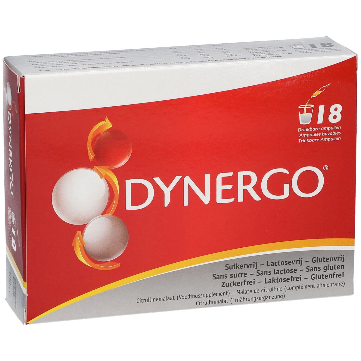 Boîte rouge et blanche avec logo DYNERGO et 18 ampoules. Contient des informations sur l'absence de sucre, de lactose et de gluten.