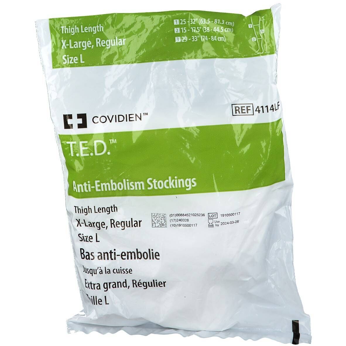 Emballage de bas anti-embolie T.E.D., taille XL, régulier, longueur cuisse. Sac blanc avec accents verts et informations produit.