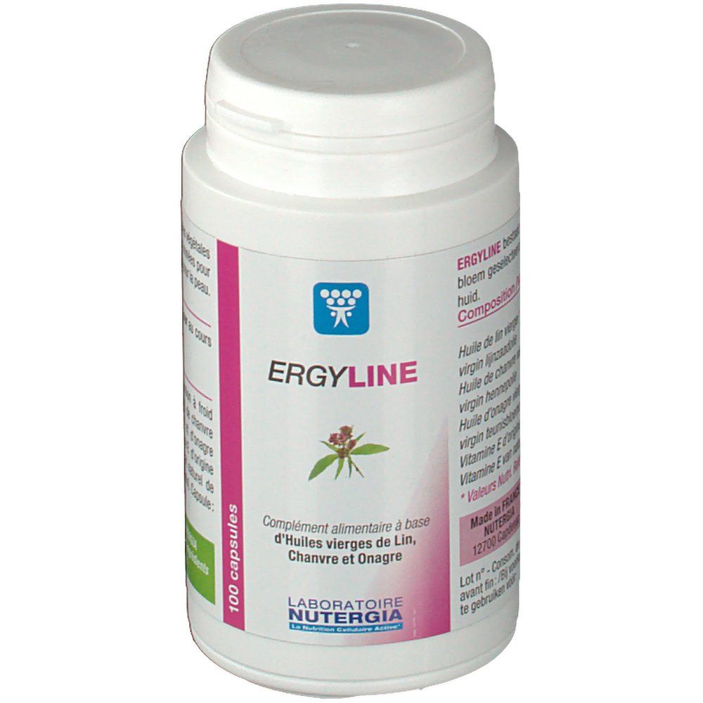 Witte fles met roze etiket. Opschrift: ERGYLINE, 100 capsules. Laboratoire Nutergia.