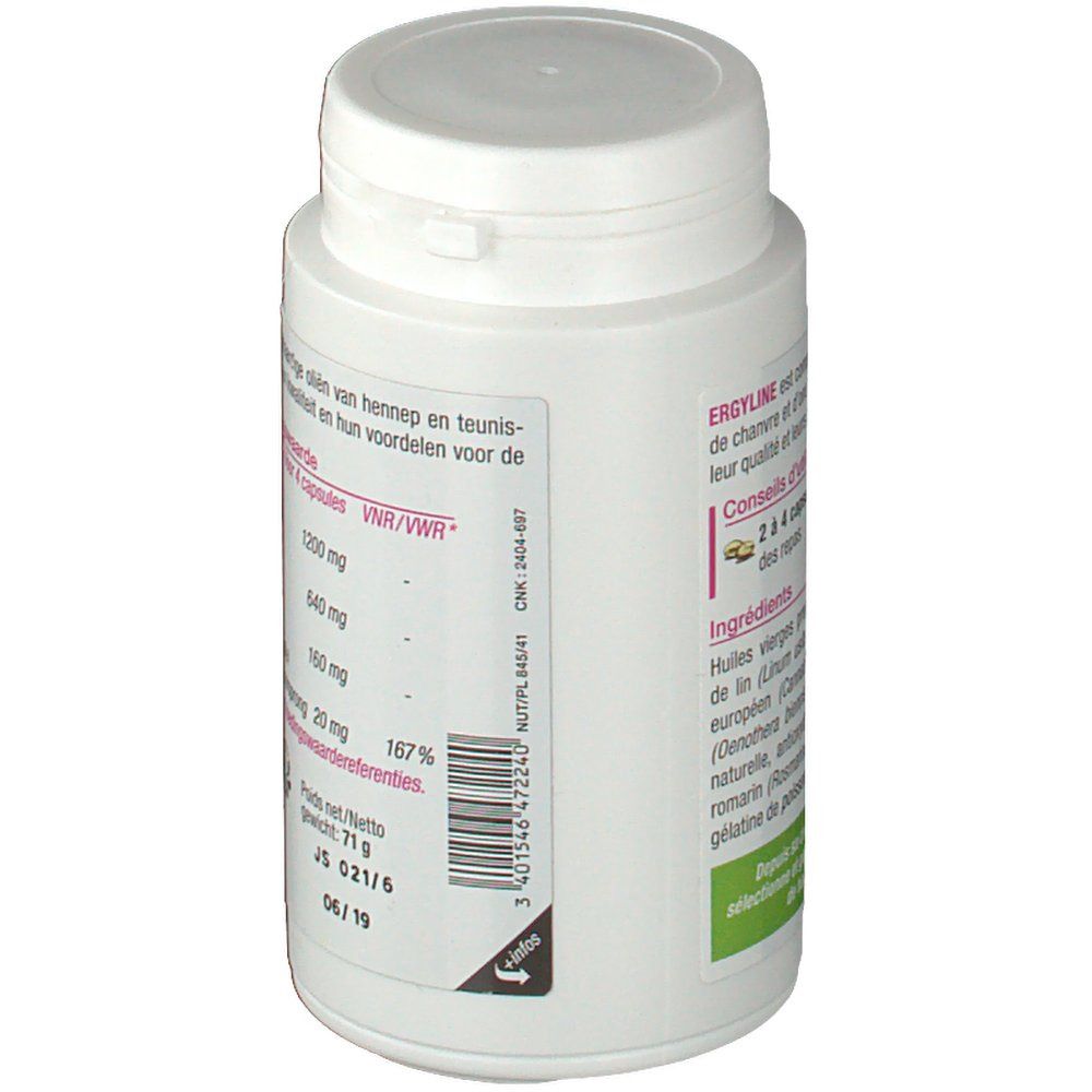 Witte fles, detail van de achterkant. Opschrift: ERGYLINE, voedingswaarde, lotnummer, houdbaarheidsdatum.