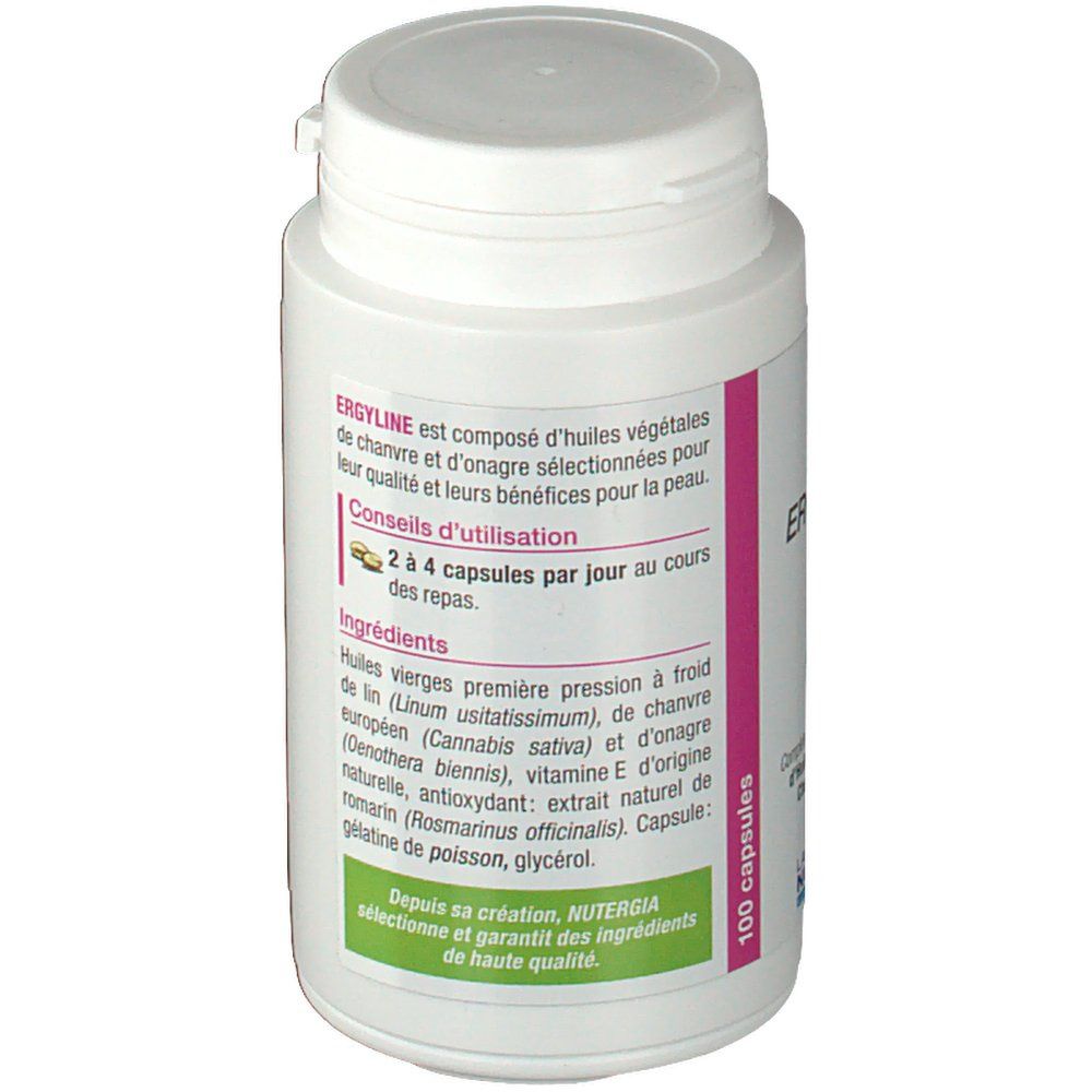 Witte fles, detail van de achterkant. Opschrift: ERGYLINE, gebruiksaanwijzing, ingrediënten, 100 capsules.