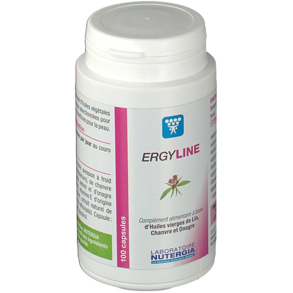 Witte fles met roze etiket. Opschrift: ERGYLINE, 100 capsules. Laboratoire Nutergia. Plantenillustratie.