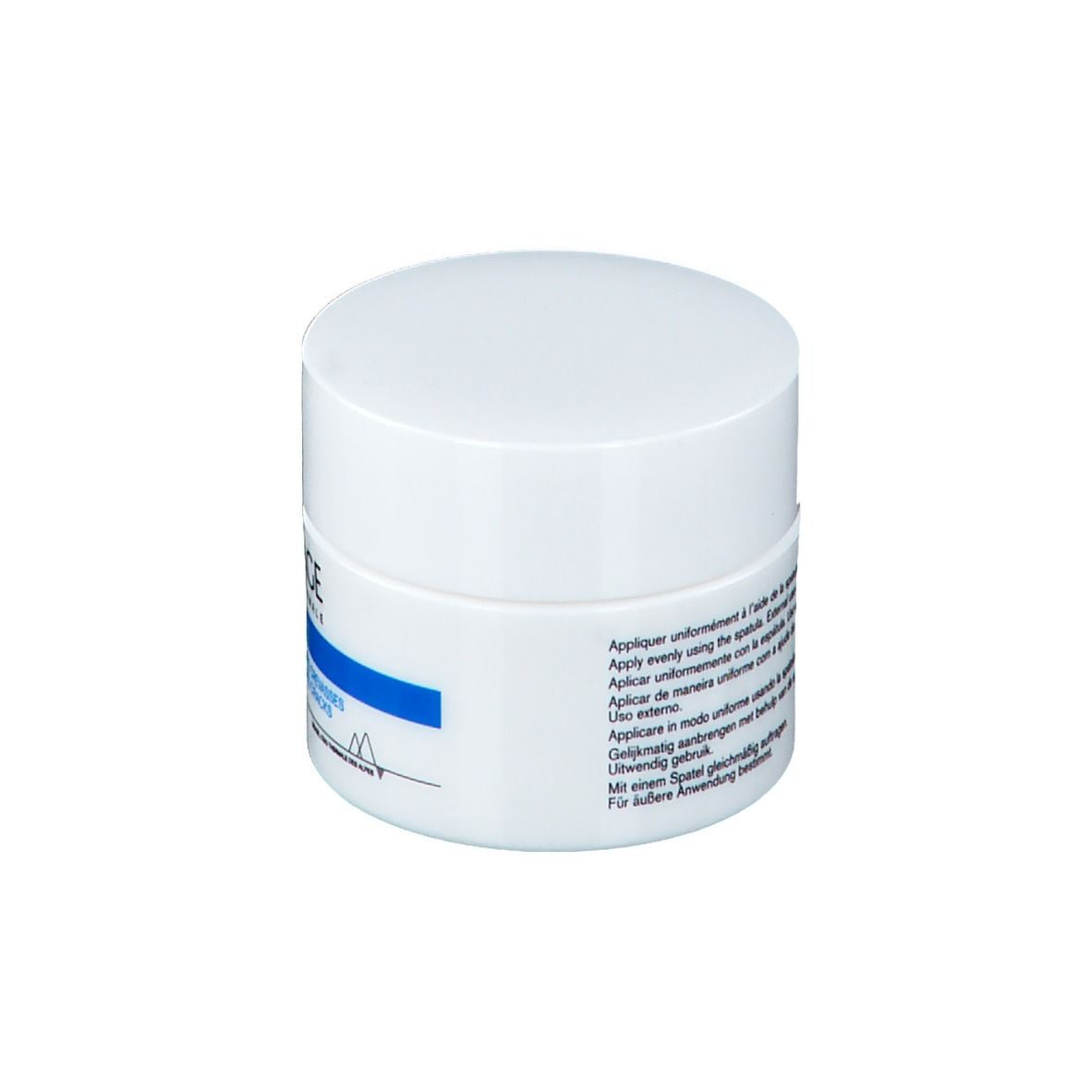 Pot blanc avec couvercle. Bande bleue avec Uriage Bariéderm. Nom du produit et texte.