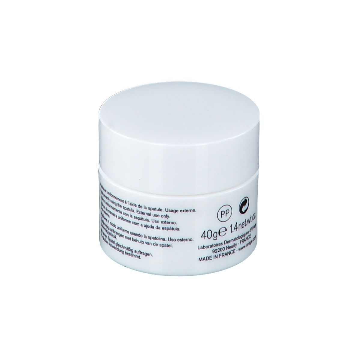 Pot blanc avec couvercle. Bande bleue avec Uriage Bariéderm. Nom du produit et texte.