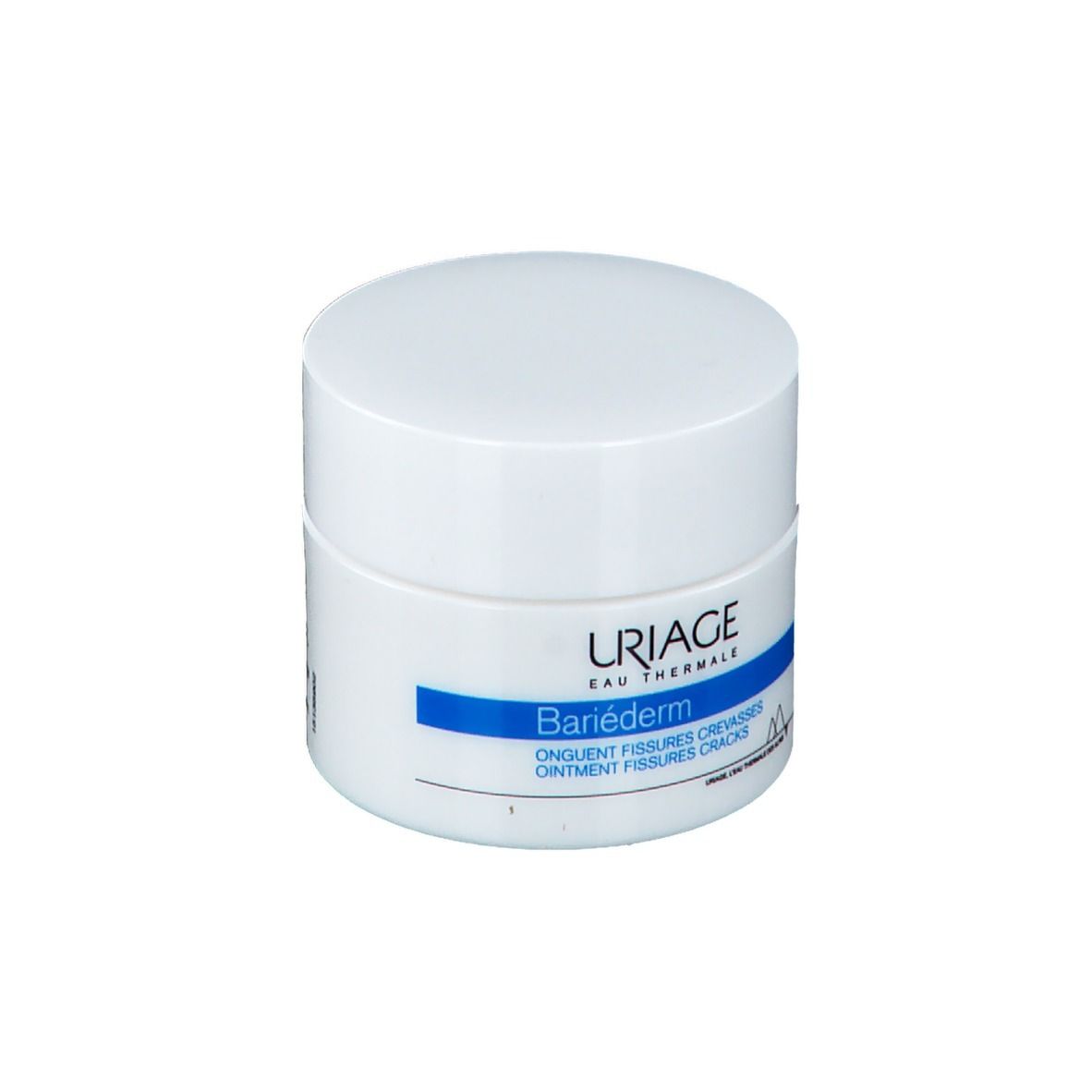 Pot blanc avec couvercle. Bande bleue avec Uriage Bariéderm. Nom du produit et texte.