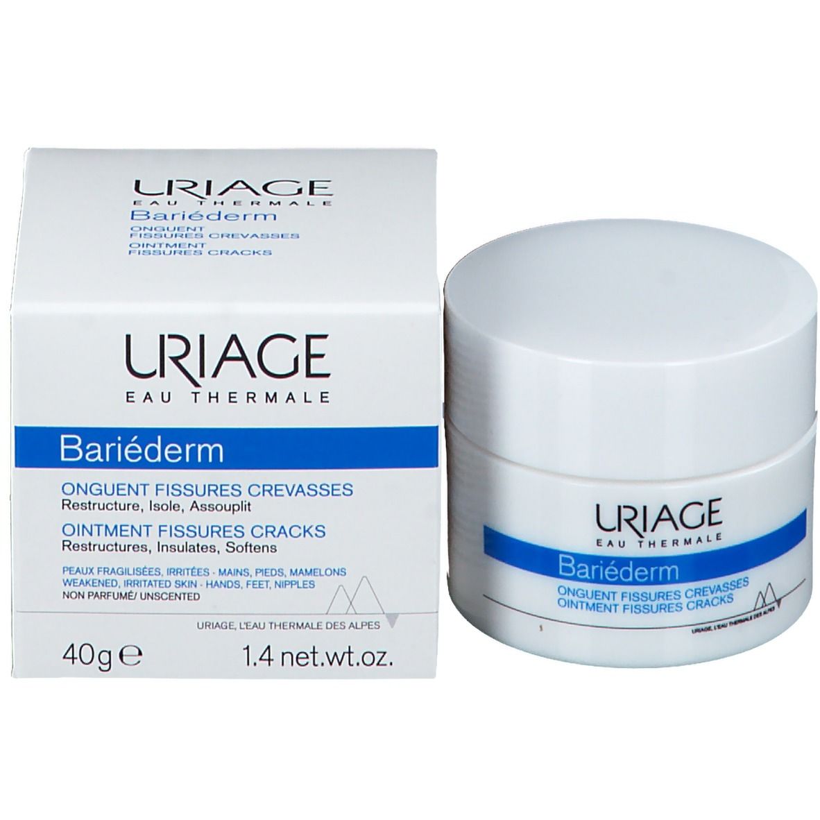 Pot blanc avec couvercle. Bande bleue avec Uriage Bariéderm. Nom du produit et texte.