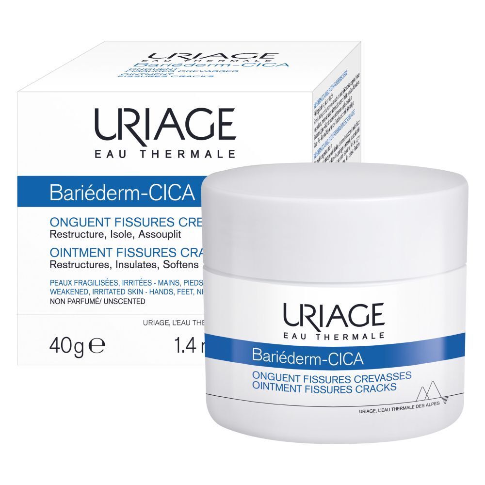Witte pot met deksel. Blauwe band met Uriage Bariéderm. Productnaam en tekst.