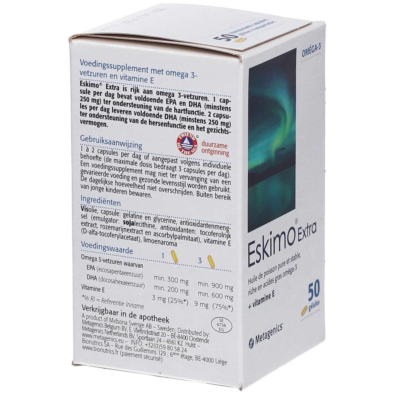 Boîte de compléments alimentaires Eskimo Extra. Contient 50 gélules. Inscription: Oméga-3, huile de poisson, vitamine E. Logo Metagenics. Ingrédients.