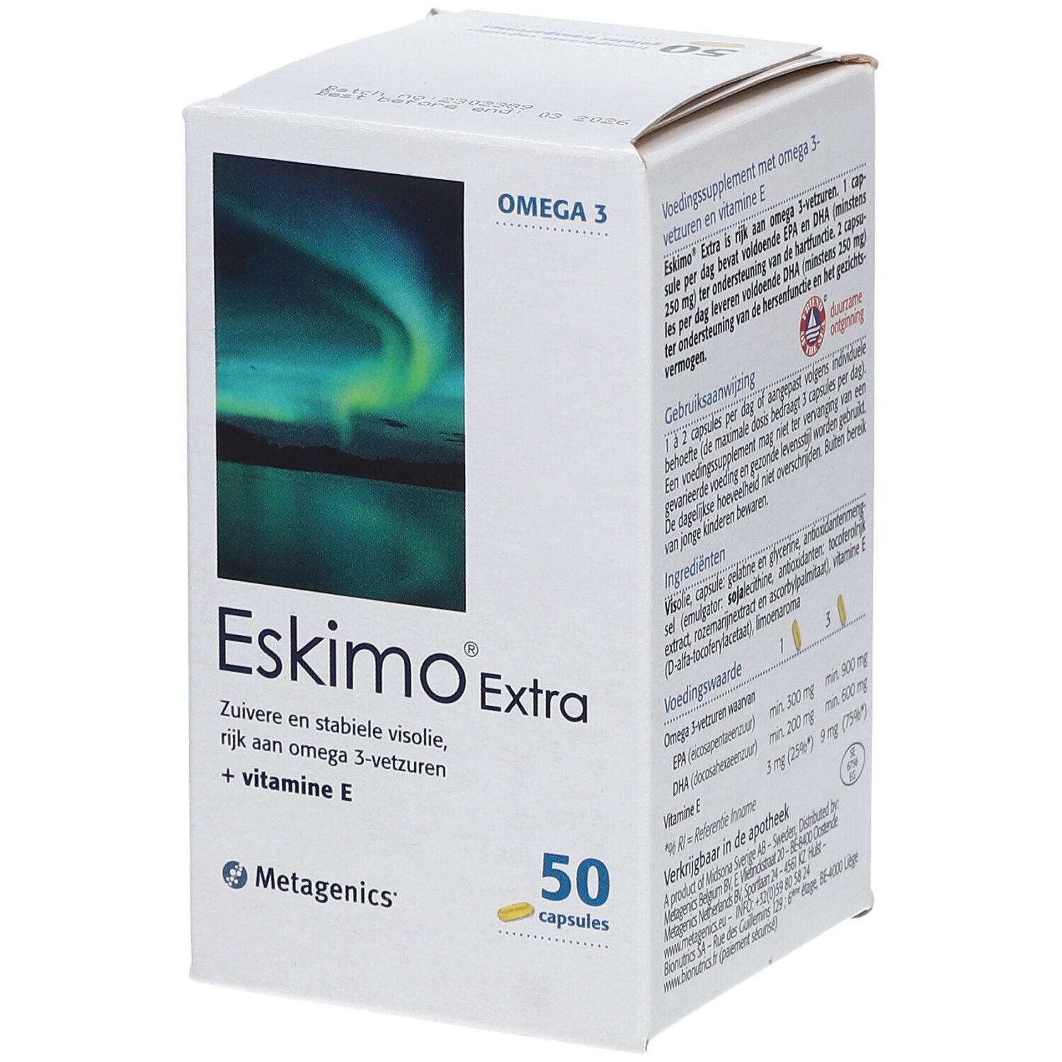 Boîte de compléments alimentaires Eskimo Extra. Contient 50 gélules. Inscription: Oméga-3, huile de poisson, vitamine E. Logo Metagenics. Ingrédients.