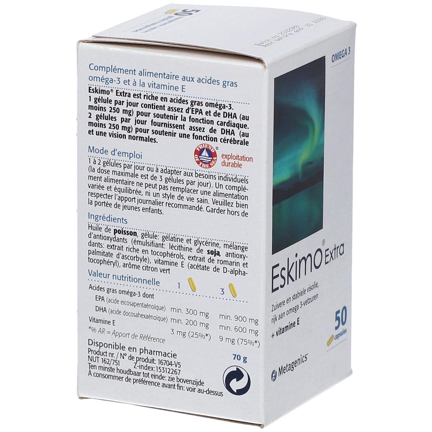 Boîte de compléments alimentaires Eskimo Extra. Contient 50 gélules. Inscription: Oméga-3, huile de poisson, vitamine E. Logo Metagenics. Ingrédients.
