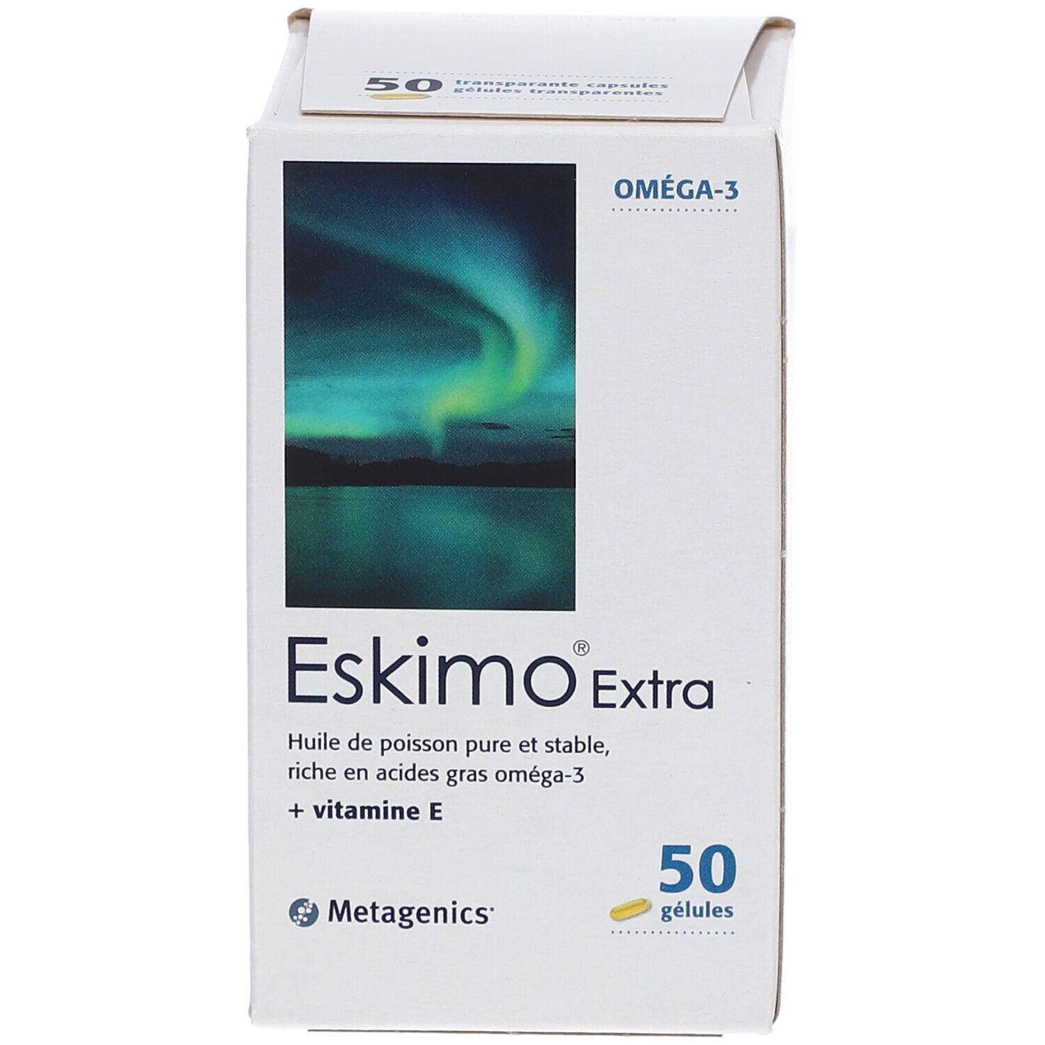 Boîte de compléments alimentaires Eskimo Extra. Contient 50 gélules. Inscription: Oméga-3, huile de poisson, vitamine E. Logo Metagenics.