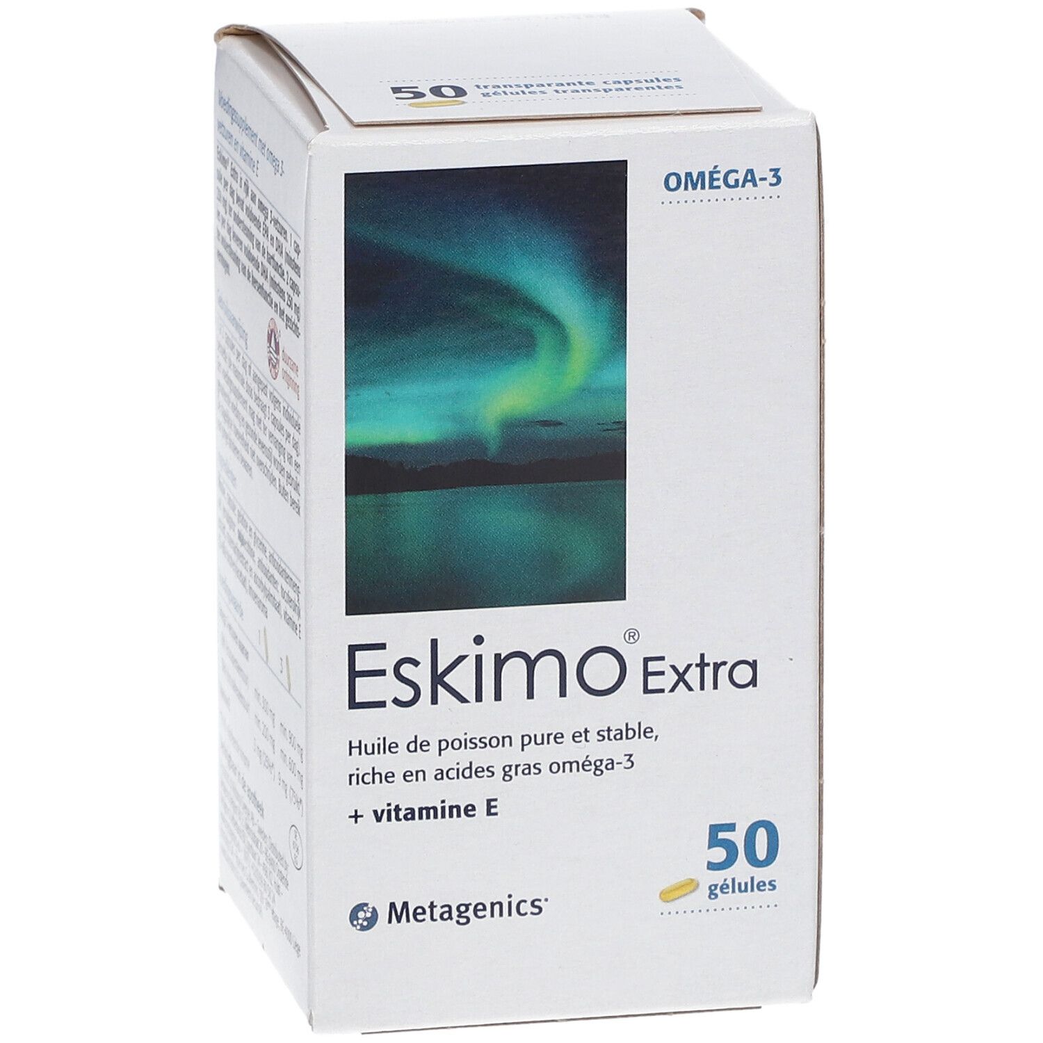 Boîte de compléments alimentaires Eskimo Extra. Contient 50 gélules. Inscription: Oméga-3, huile de poisson, vitamine E. Logo Metagenics.