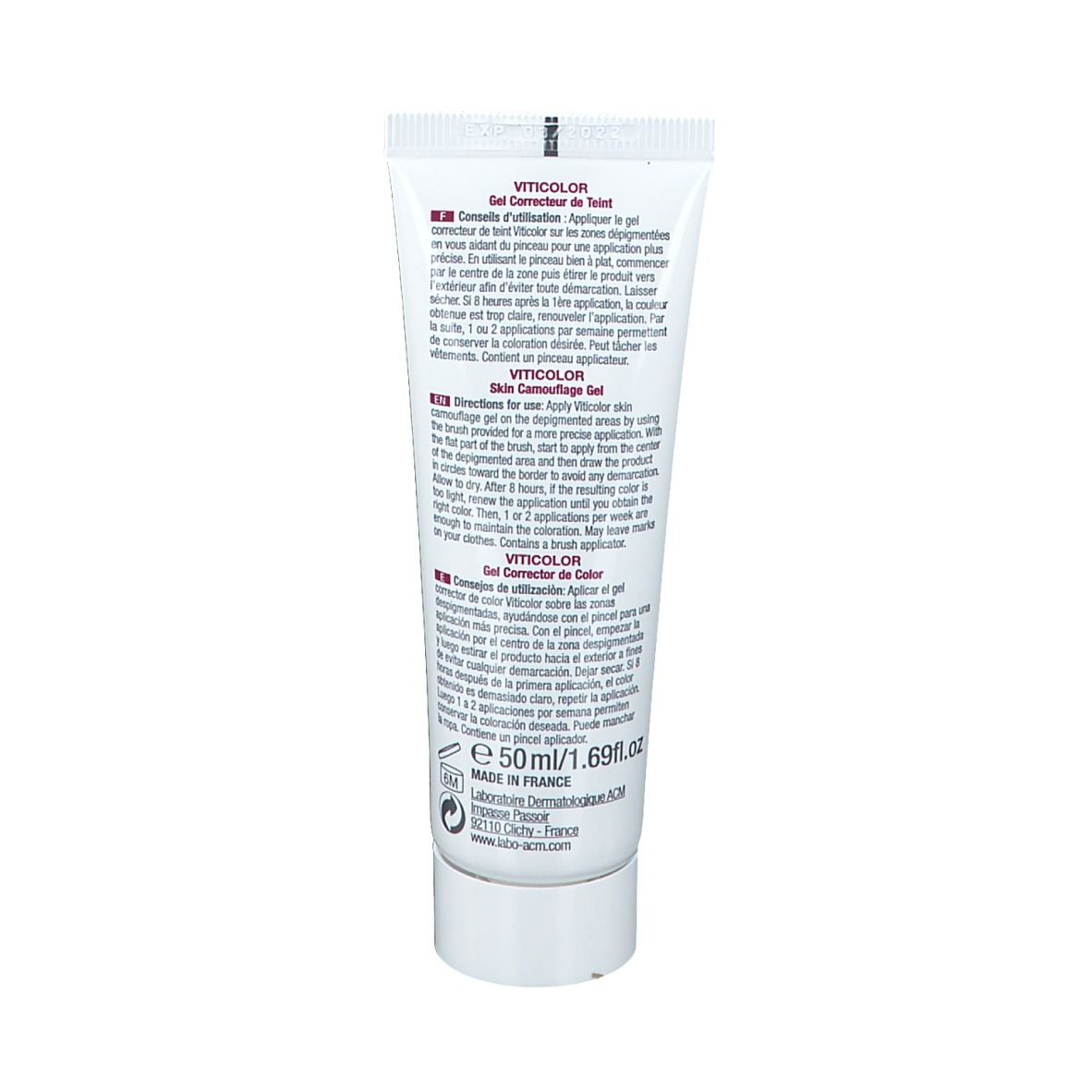 Rückseite der Viticolor Gel Tube. Enthält Text in mehreren Sprachen. Herstellerinformationen und Symbole.