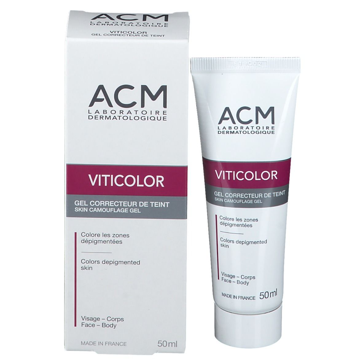 Viticolor Gel und Verpackung. Weiß mit lila Akzenten. Enthält: ACM, Viticolor, Gel Correcteur de Teint, 50ml.