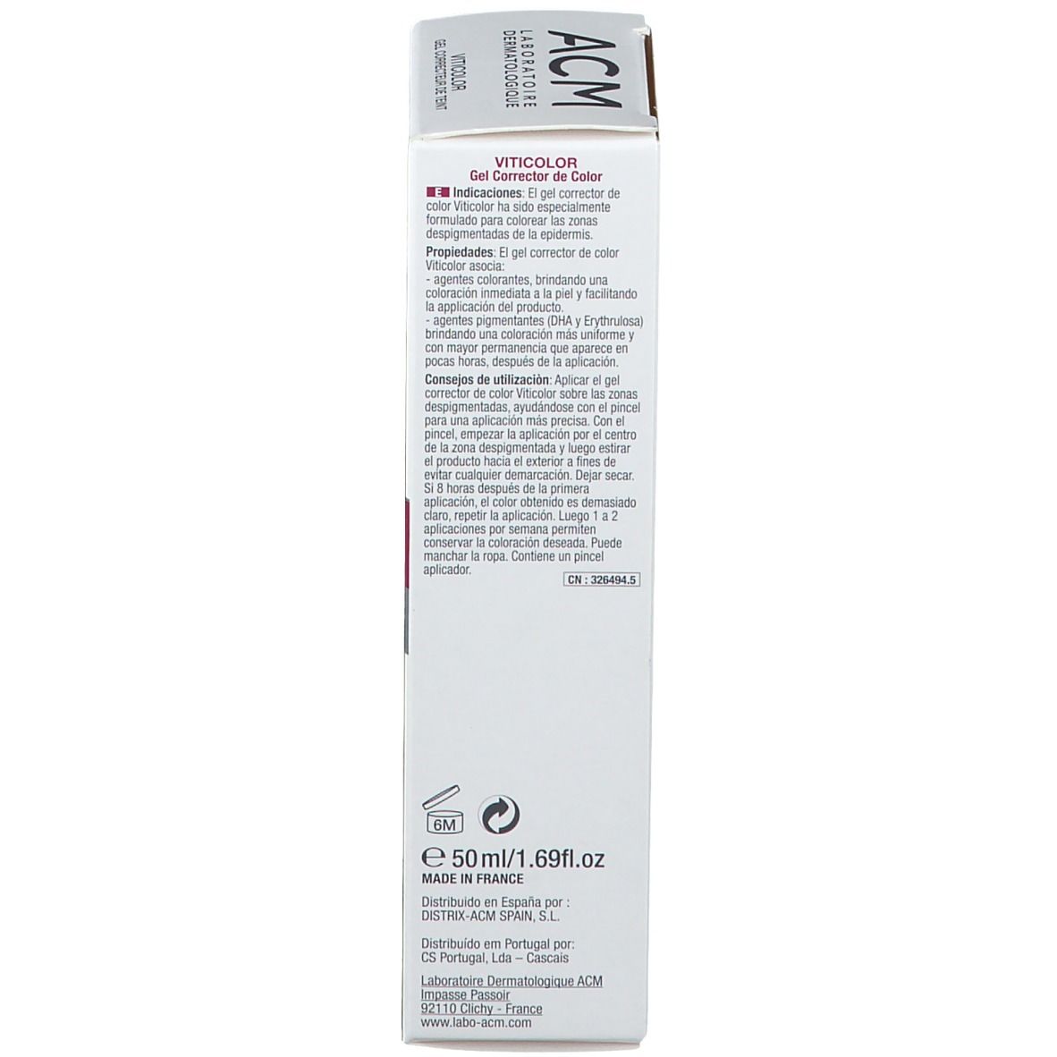 Verpackung von Viticolor. Enthält Text in mehreren Sprachen. Herstellerinformationen und Symbole. 50ml.