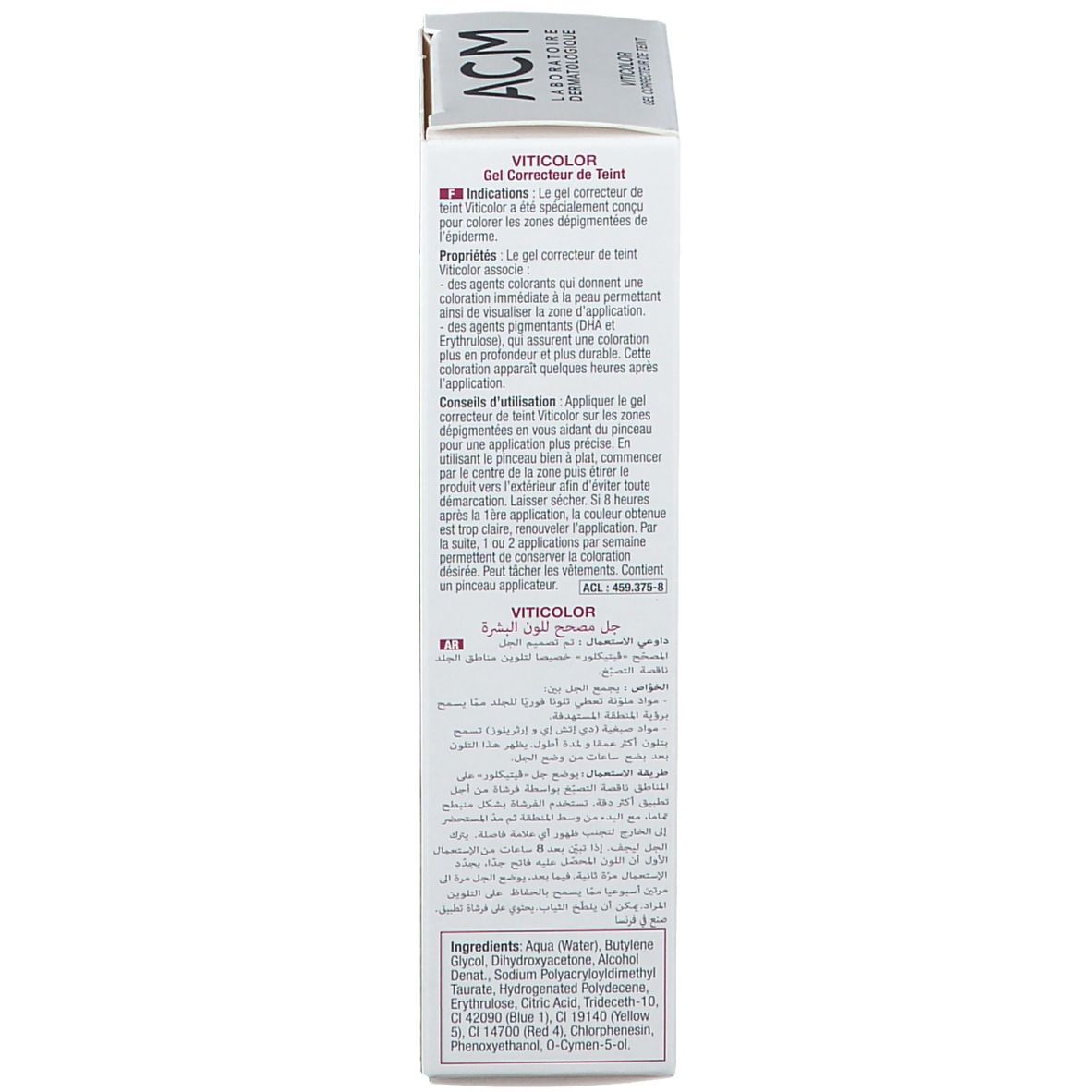 Verpackung von Viticolor. Enthält Text in mehreren Sprachen. Produktinformationen und Inhaltsstoffe.