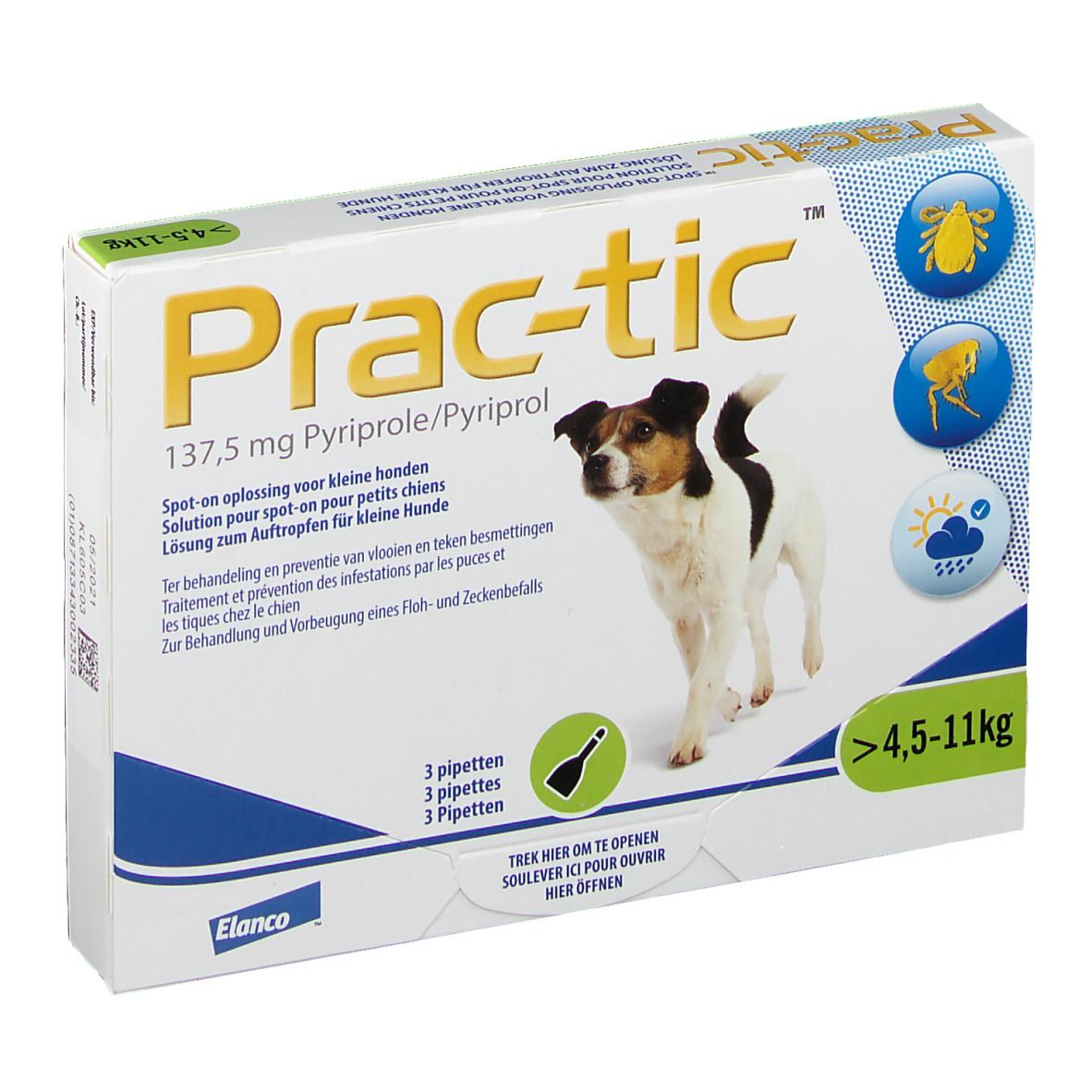 Boîte avec nom du produit et chien. Contient 3 pipettes. Pour chiens de 4,5 à 11 kg. Contient 137,5 mg de pyriprole.