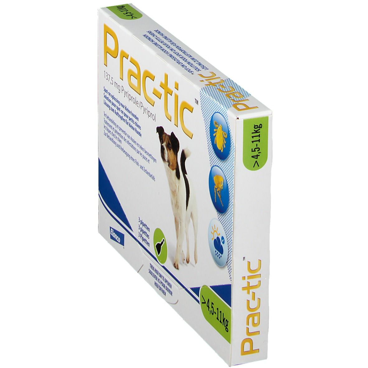 Boîte de produit en biais. Nom du produit et chien affichés. Pour chiens de 4,5 à 11 kg. Contient 137,5 mg de pyriprole.