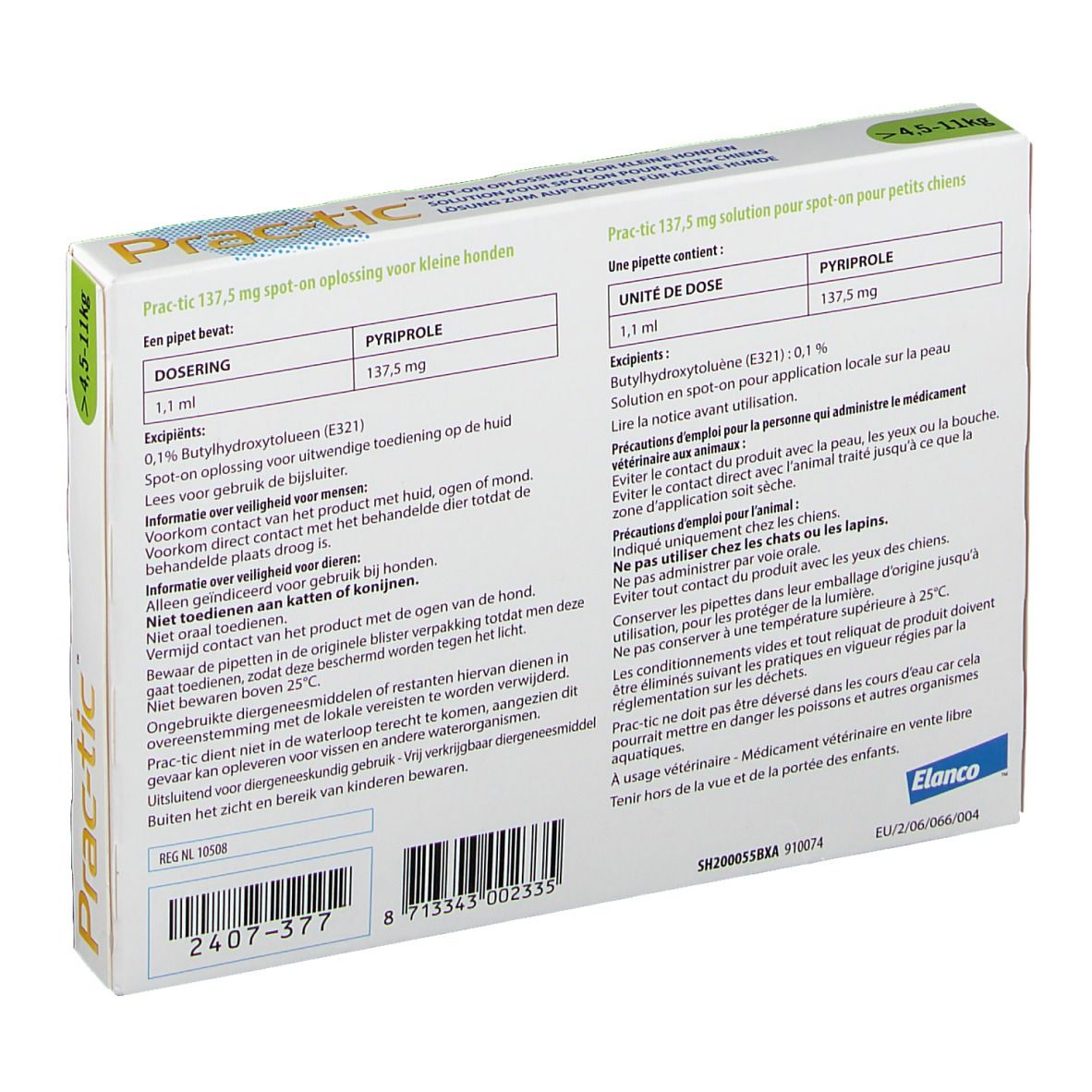 Dos de l'emballage du produit. Contient des informations sur le dosage, les ingrédients et les précautions. Logo Elanco.