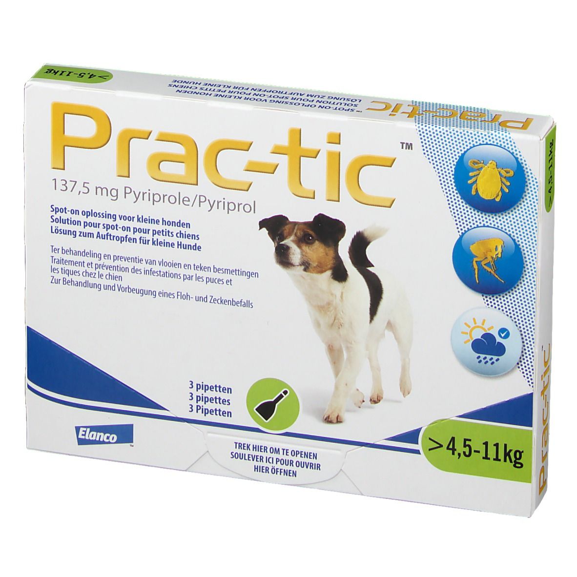 Boîte de produit avec nom et chien. Contient 3 pipettes. Pour chiens de 4,5 à 11 kg. Contient 137,5 mg de pyriprole.
