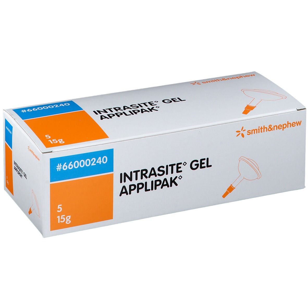 Boîte de Intrasite Gel Applipak. Blanche avec accents bleus et oranges. Contient 5 sachets de 15g.