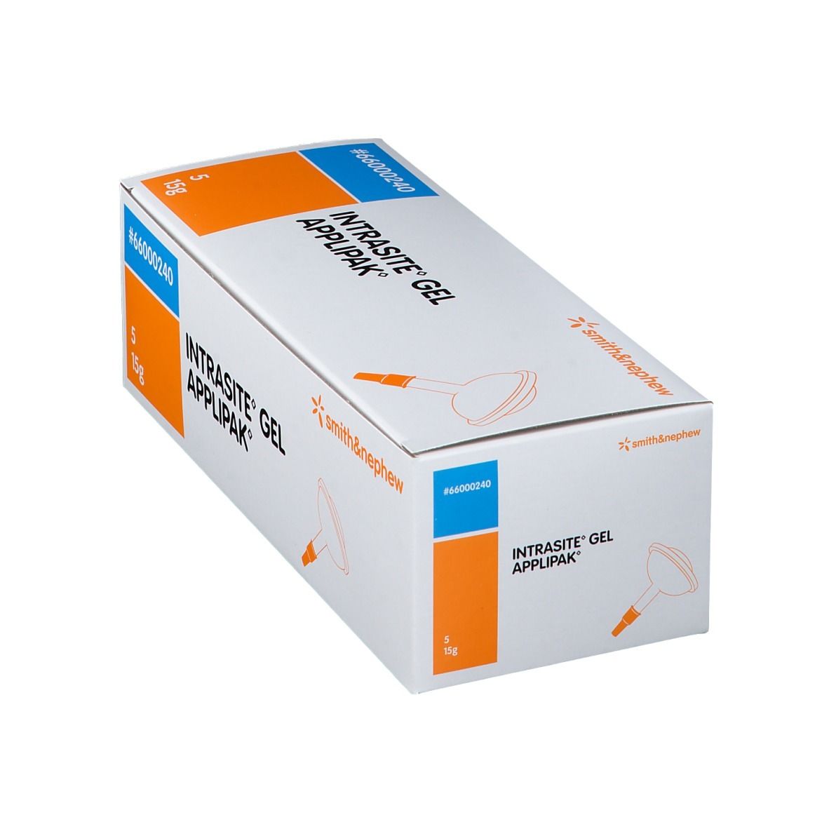 Vue en biais de la boîte Intrasite Gel Applipak. Blanche avec accents bleus et oranges. Contient 5 sachets.