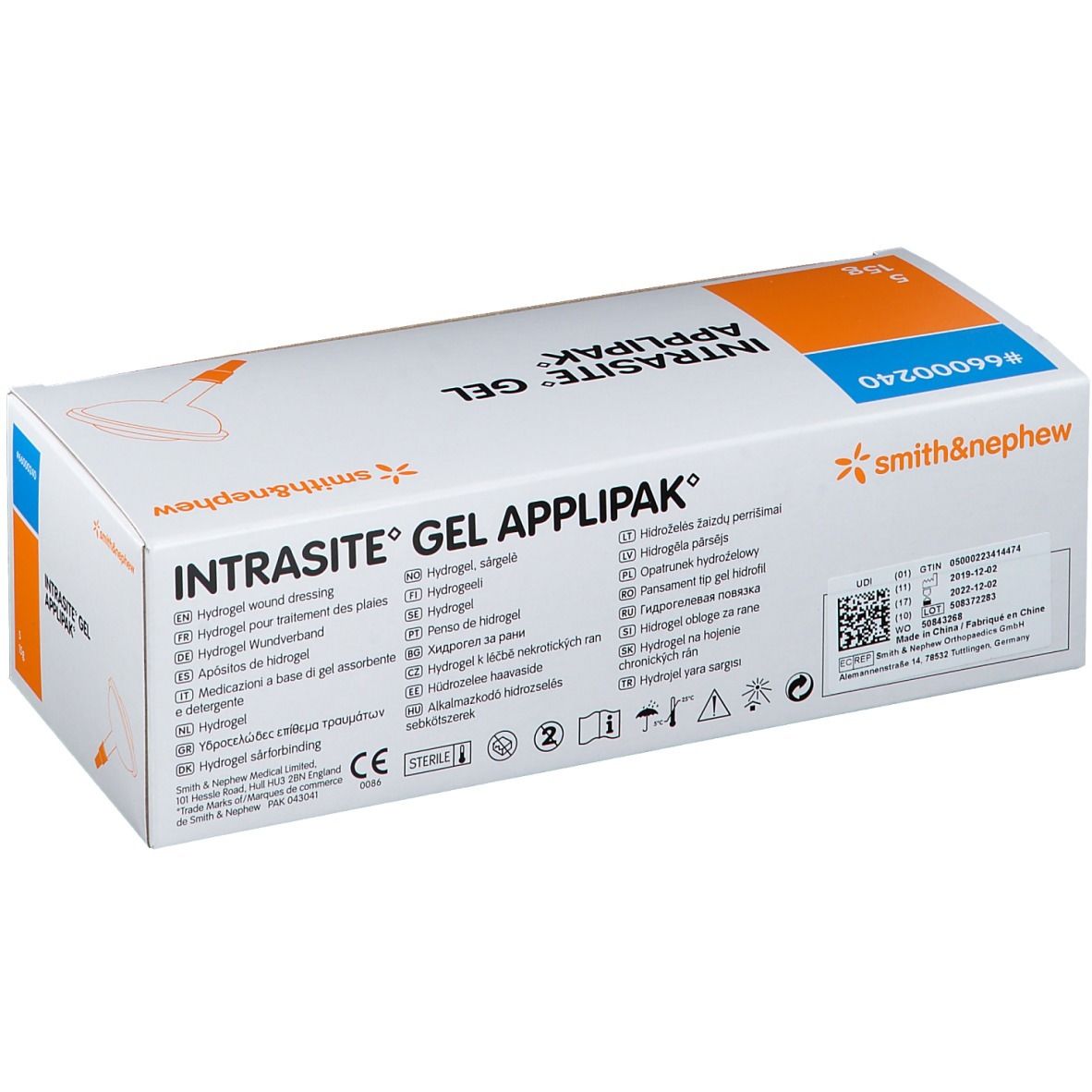 Boîte Intrasite Gel Applipak. Blanche avec accents bleus et oranges. Informations produit multilingues.