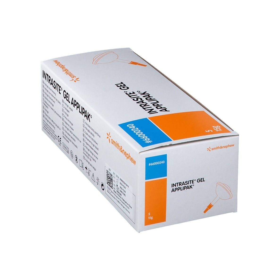 Vue en biais de la boîte Intrasite Gel Applipak. Blanche avec accents bleus et oranges. Contient 5 sachets.