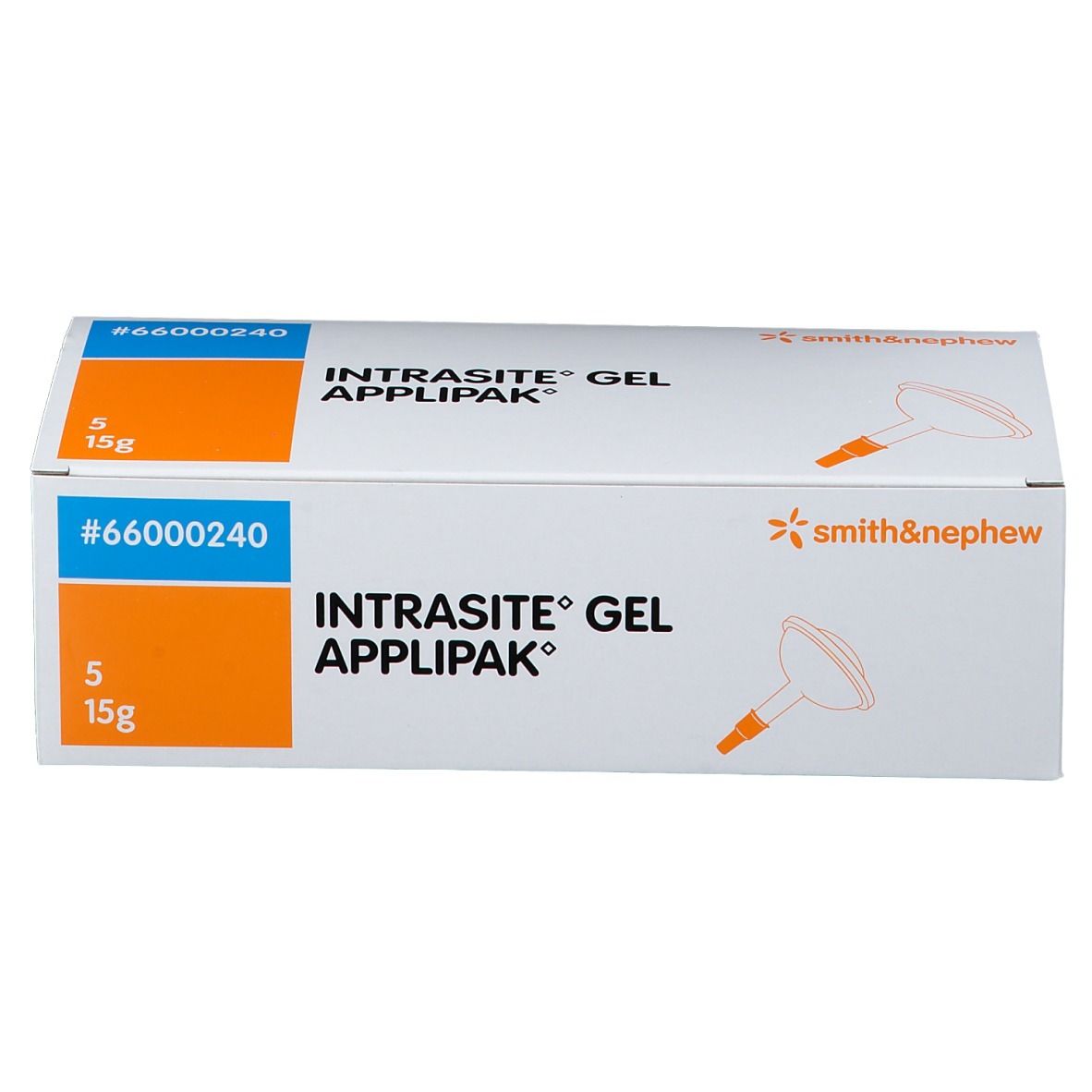 Boîte Intrasite Gel Applipak. Blanche avec accents bleus et oranges. Contient 5 sachets de 15g.
