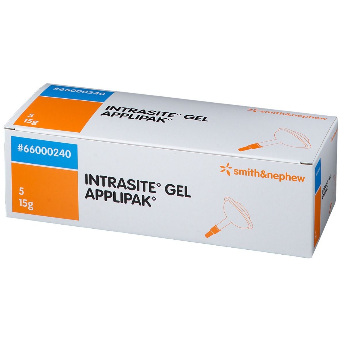 Boîte Intrasite Gel Applipak. Blanche avec accents bleus et oranges. Contient 5 sachets de 15g.