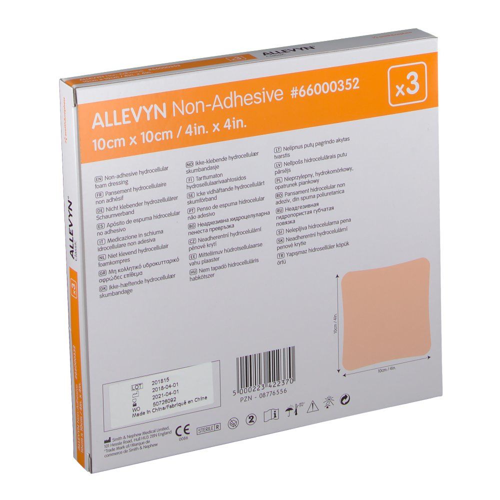 Dos de la boîte Allevyn Non-Adhesive. Informations produit et pansement 10x10cm. Contient 3 unités.