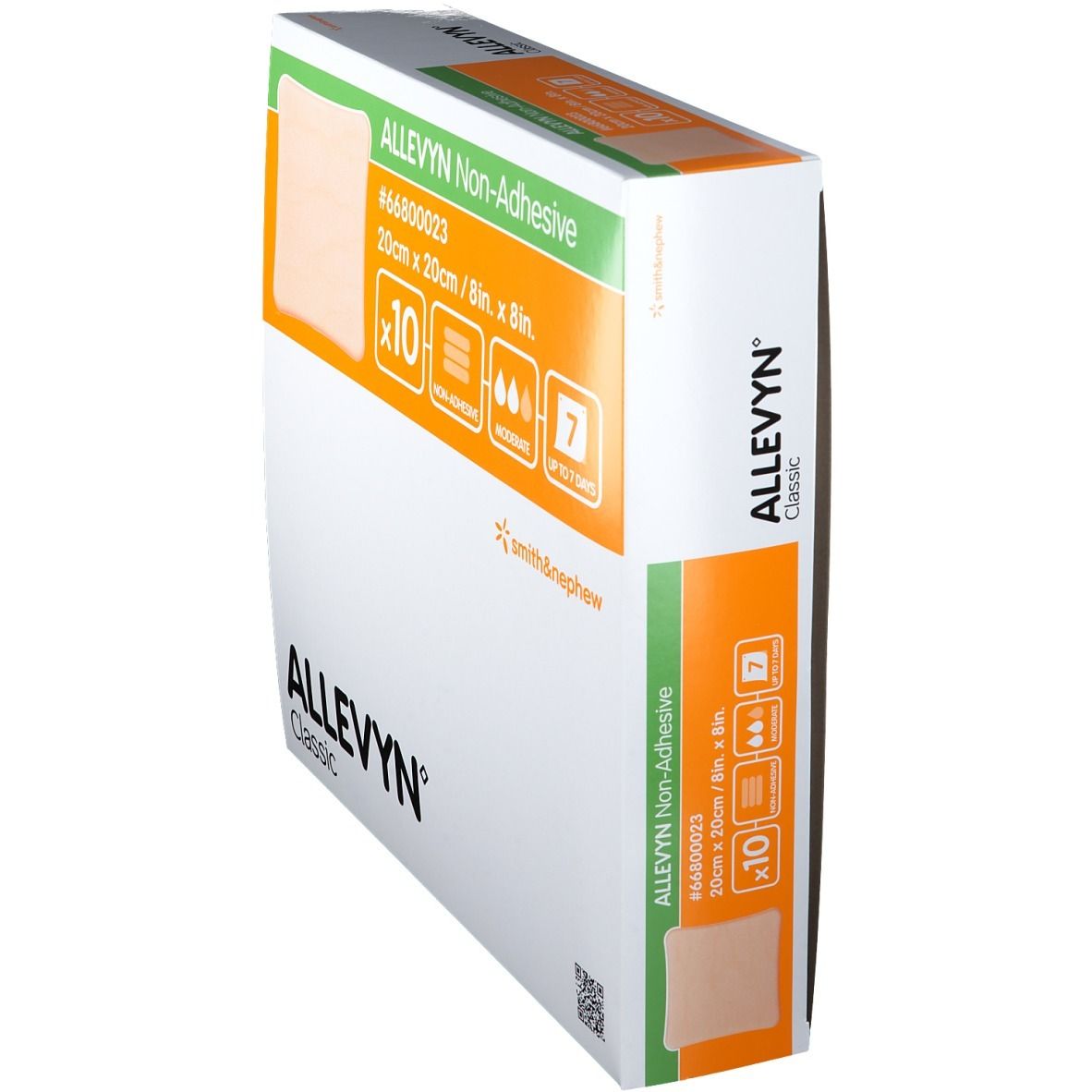 Confezione ALLEVYN Non-Adhesive Classic. 10 medicazioni 20x20cm. Non adesivo, per essudato moderato, fino a 7 giorni. Smith & Nephew.