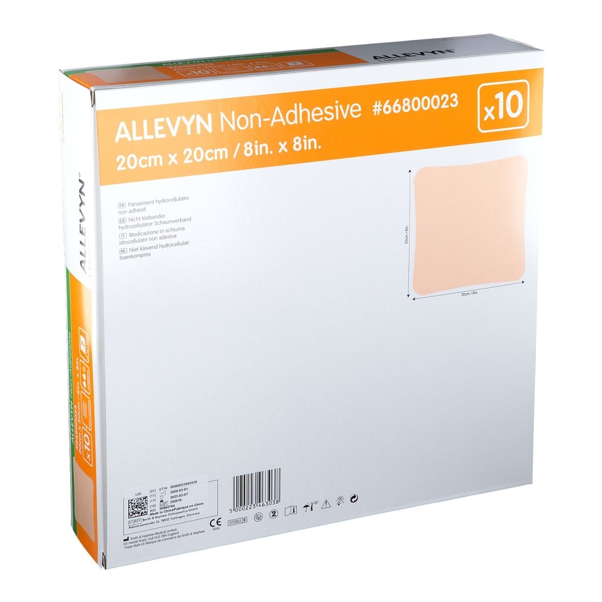 Confezione ALLEVYN Non-Adhesive Classic. 10 medicazioni 20x20cm. Non adesivo. Informazioni prodotto e codice a barre.