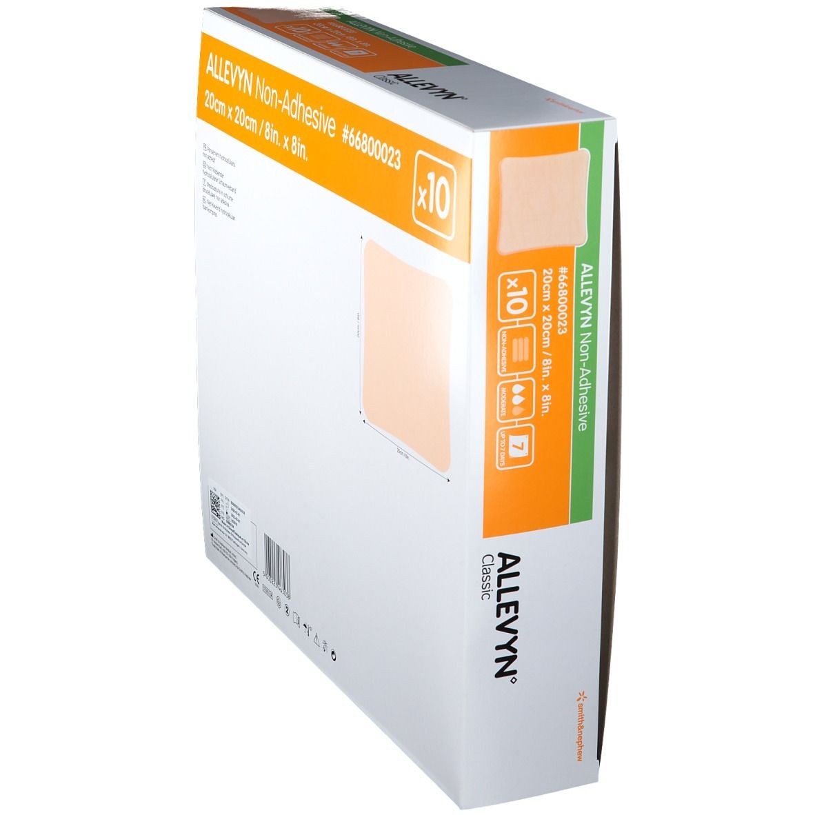 Confezione ALLEVYN Non-Adhesive Classic. 10 medicazioni 20x20cm. Non adesivo, per essudato moderato, fino a 7 giorni.