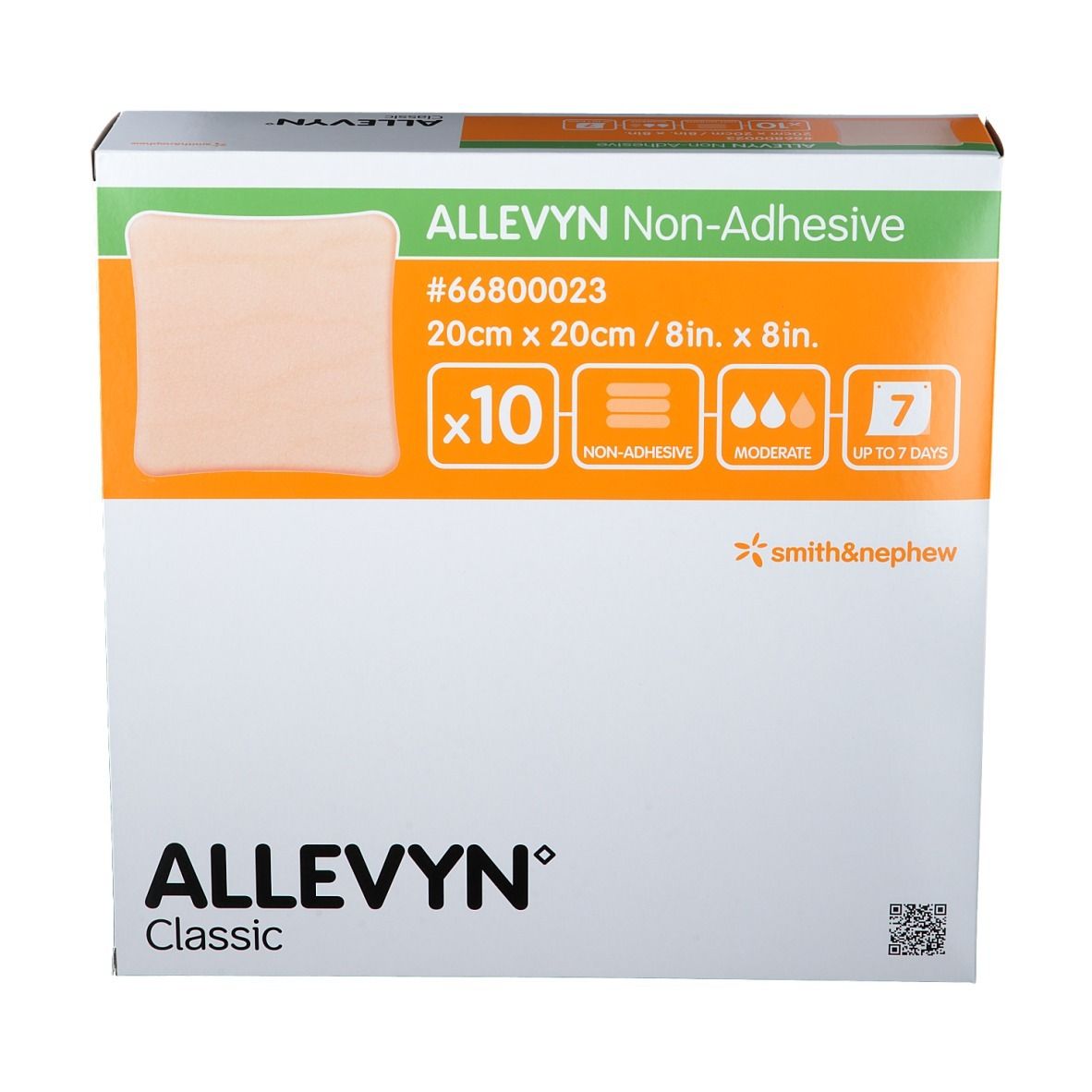 Confezione ALLEVYN Classic. 10 medicazioni 20x20cm. Non adesivo, per essudato moderato, fino a 7 giorni. Smith & Nephew.