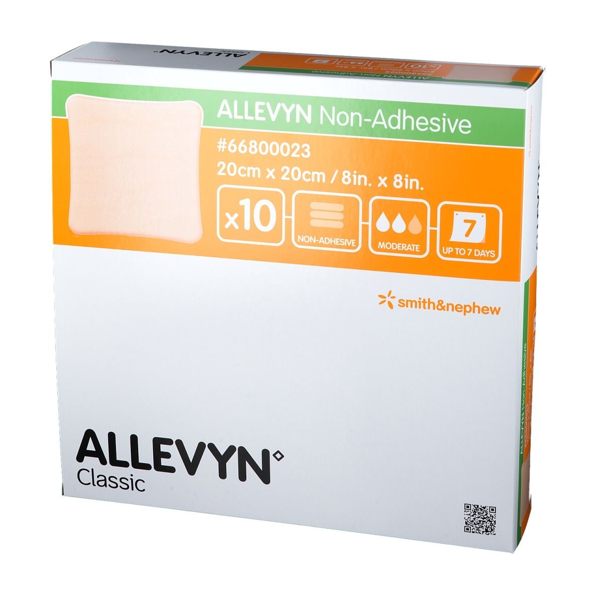 Confezione ALLEVYN Classic. 10 medicazioni 20x20cm. Non adesivo, per essudato moderato, fino a 7 giorni. Smith & Nephew.