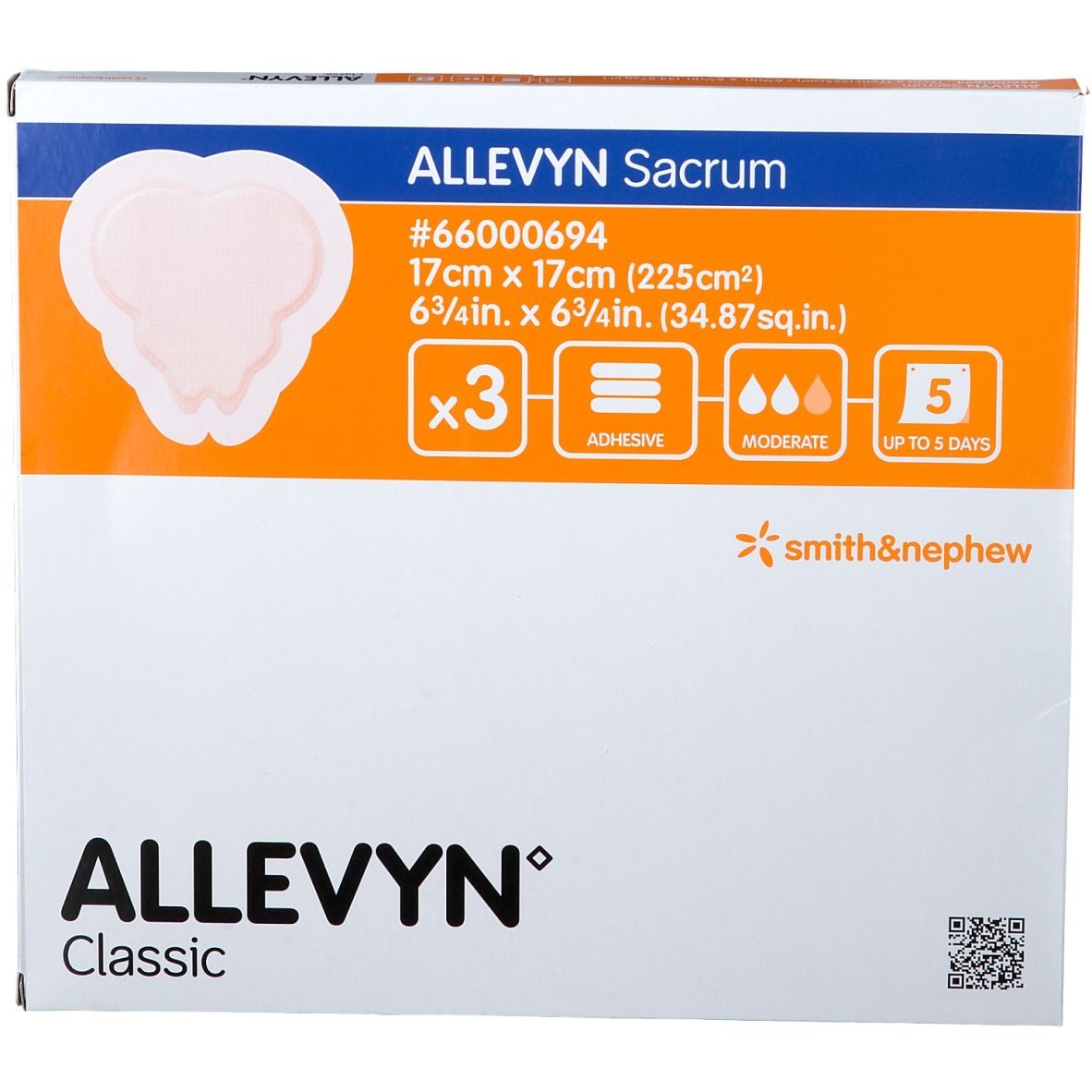 Boîte de pansements ALLEVYN Sacrum. 17x17 cm. Contient 3 pansements. Adhésif. Marque Smith & Nephew.