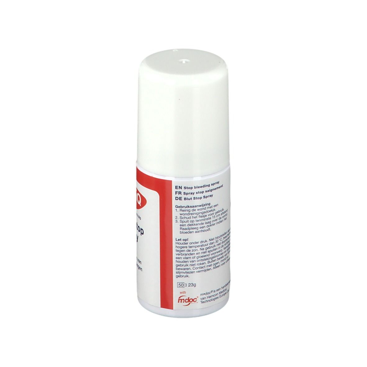 Flacon de spray avec bouchon blanc et bande rouge. Texte : EN Stop bleeding spray, FR Spray arrêt des saignements, DE Blutstillendes Spray.
