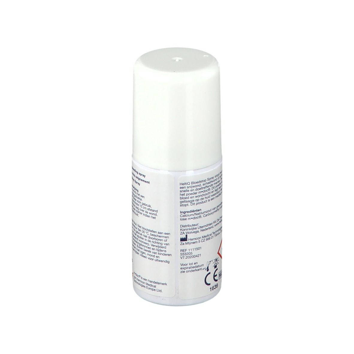 Flacon de spray avec bouchon blanc et bande rouge. Texte : Ingrédients, Distributeur, Marquage CE.