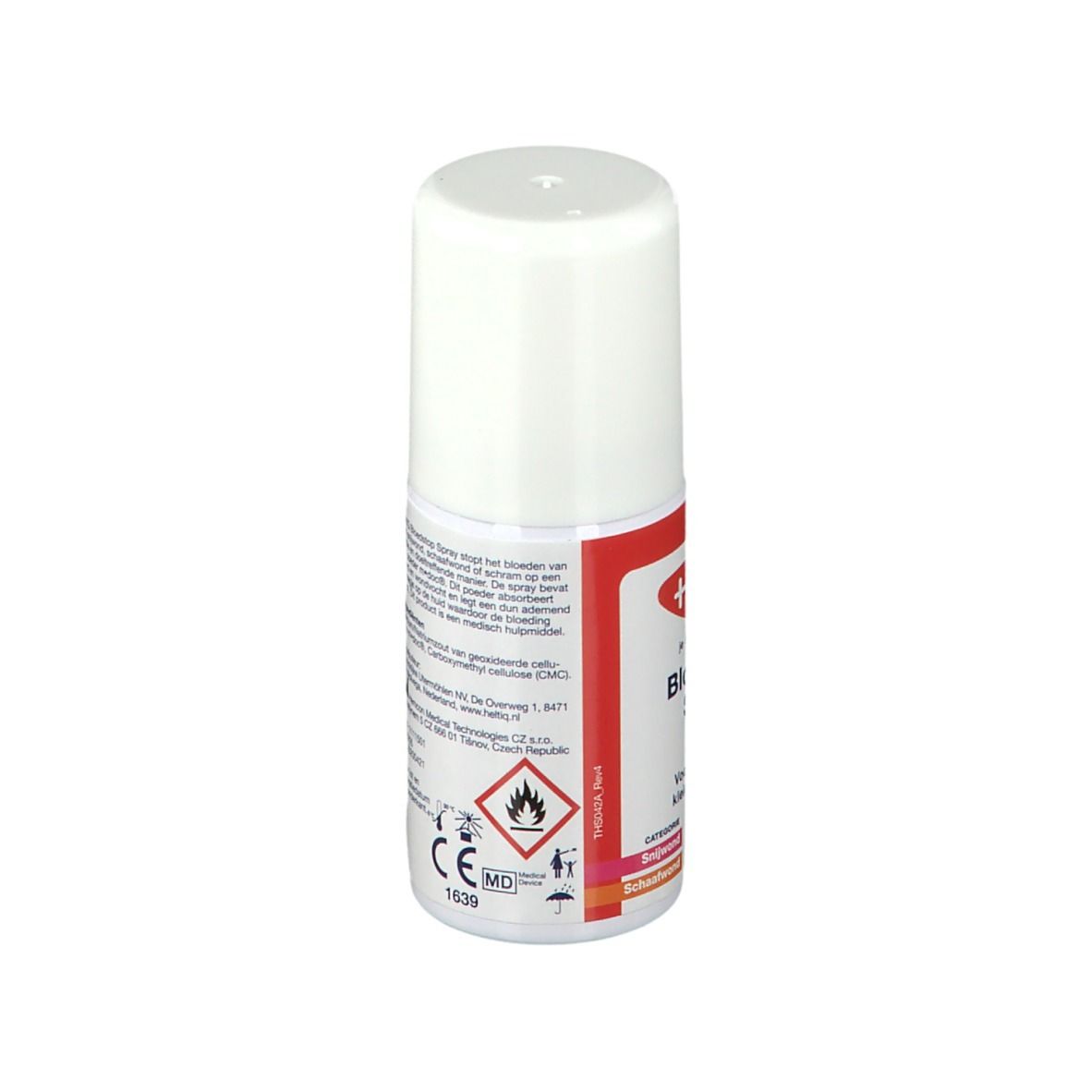Flacon de spray avec bouchon blanc et bande rouge. Texte : Symbole plus, symbole flamme et point d'exclamation, marquage CE.