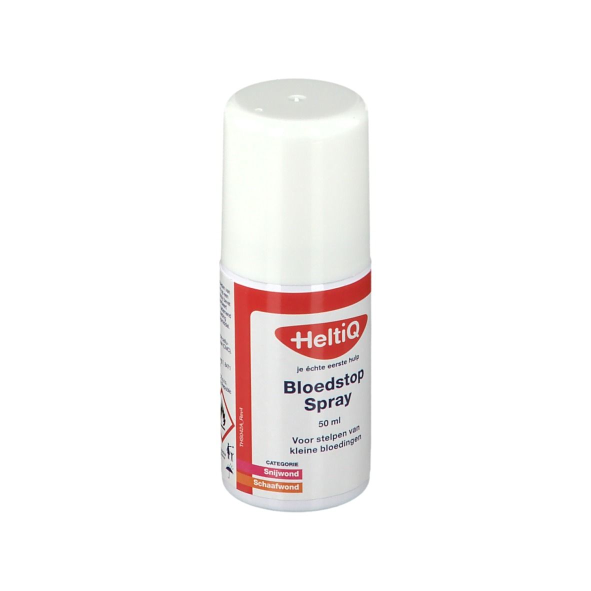 Flacon de spray avec bouchon blanc et bande rouge. Inscription : HeltiQ, Bloedstop Spray. Pour les petits saignements. Symbole de danger.