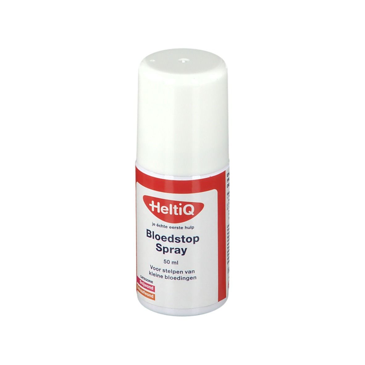 Flacon de spray avec bouchon blanc et bande rouge. Inscription : HeltiQ, Bloedstop Spray. Pour les petits saignements.
