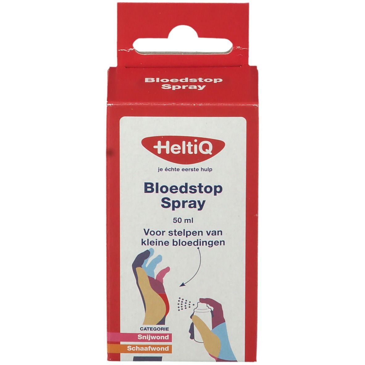 Emballage rouge. Inscription : HeltiQ, Bloedstop Spray. Illustration : spray sur une plaie.