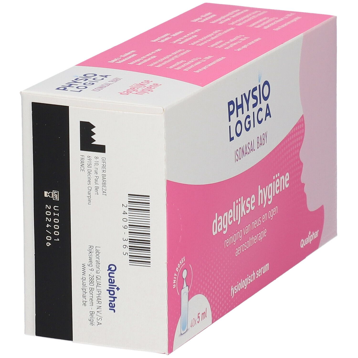 Boîte rose et blanche. Nom du produit et texte. Vue latérale. Données de production. Marque Qualiphar.