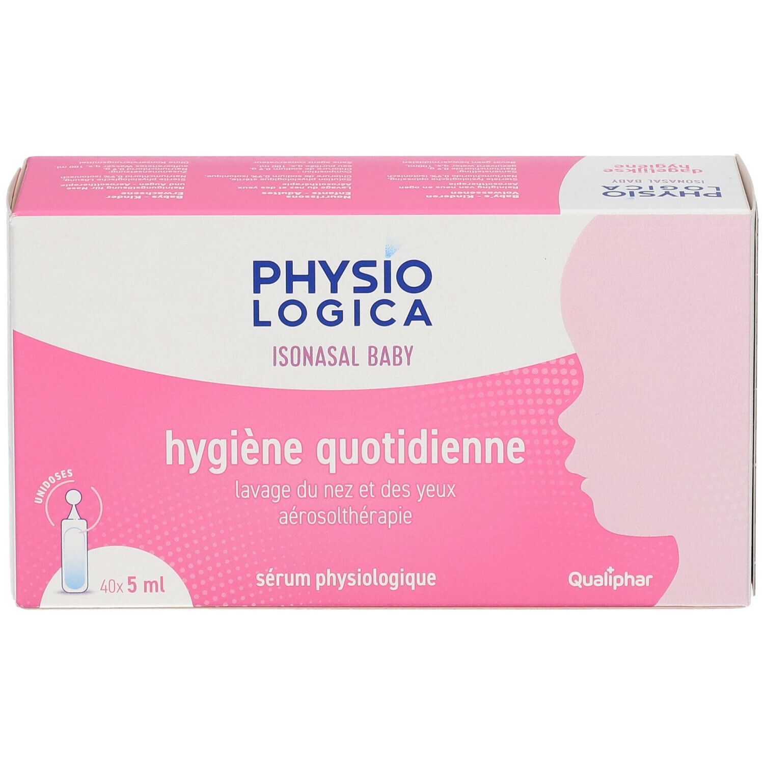 Boîte rose et blanche. Nom du produit et texte. 40 x 5 ml. Profil visage. Marque Qualiphar.