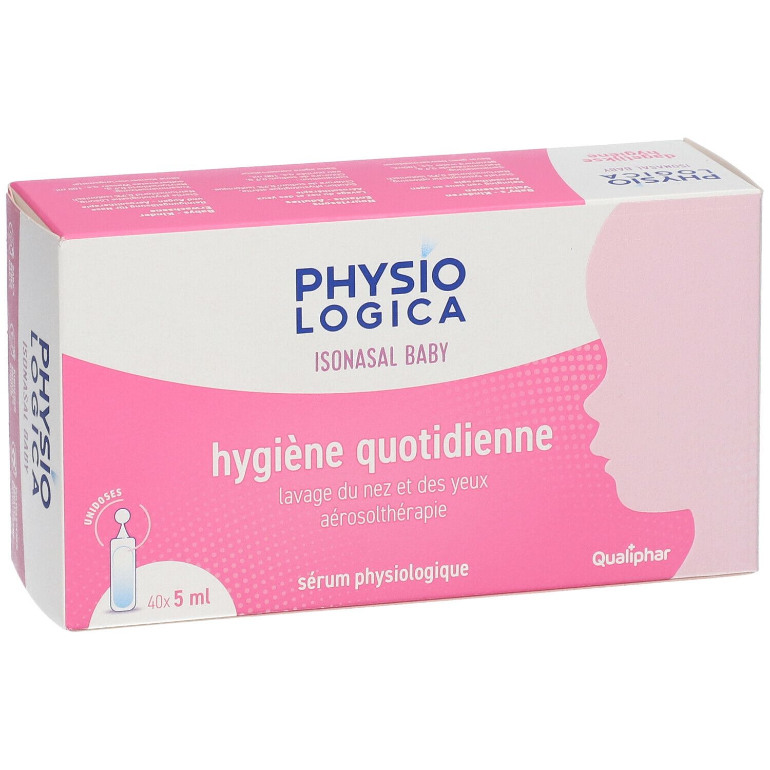 Boîte rose et blanche. Nom du produit et texte. 40 x 5 ml. Profil visage. Marque Qualiphar.