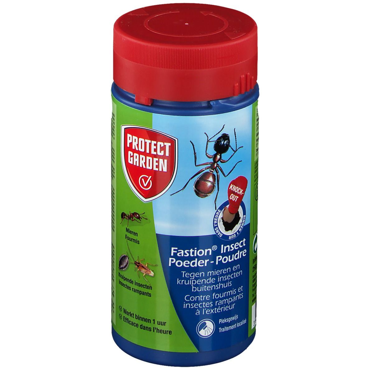 Blaue Dose mit rotem Deckel. Aufschrift: Protect Garden, Fasion Insect Poeder-Poudre. Gegen Ameisen und kriechende Insekten.