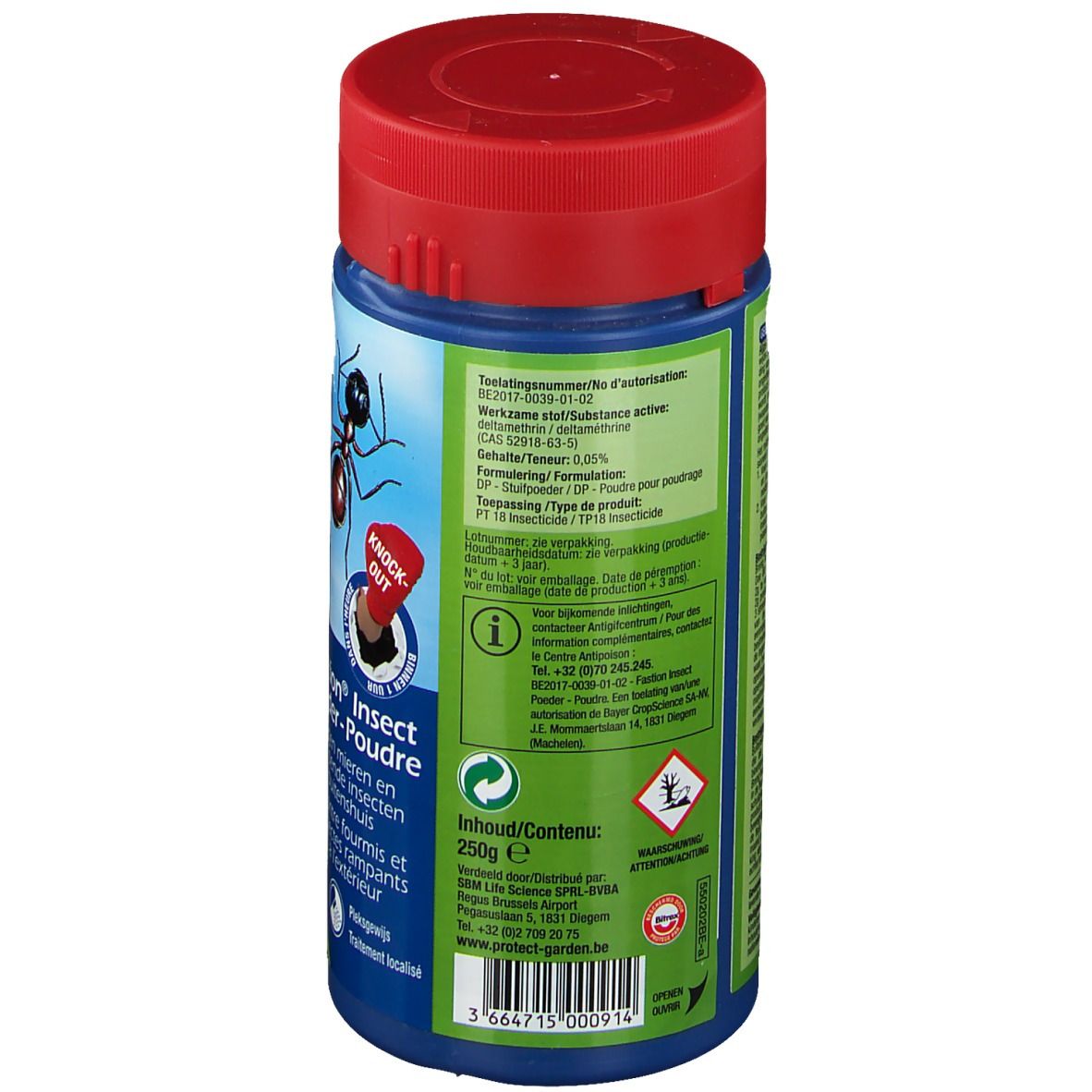 Rückseite einer blauen Dose mit rotem Deckel. Textinformationen, Inhaltsangabe 250g, Warnhinweise und Kontaktinformationen.