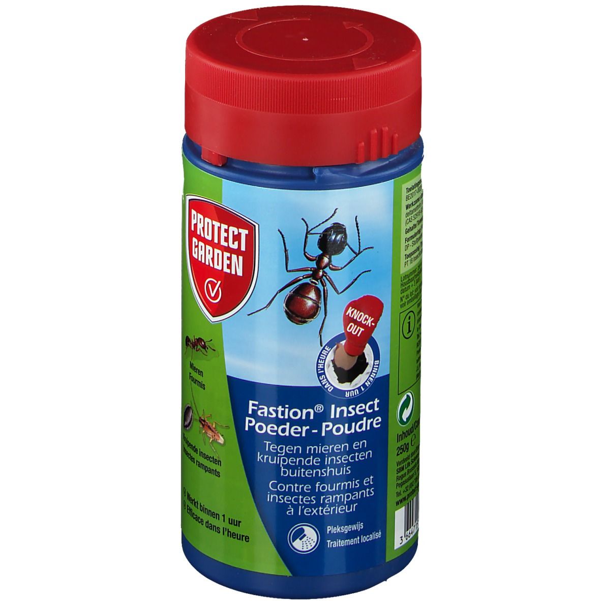 Blaue Dose mit rotem Deckel. Aufschrift: Protect Garden, Fasion Insect Poeder-Poudre. Gegen Ameisen und kriechende Insekten.