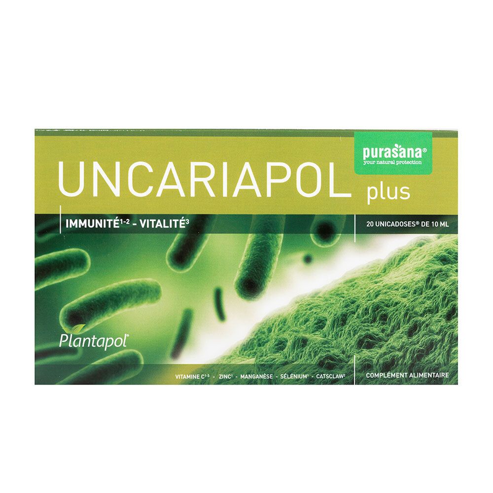 Boîte verte avec "UNCARIAPOL plus". Contient 20 unidoses. Inscription : Immunité, vitalité. Marque : Plantapol.